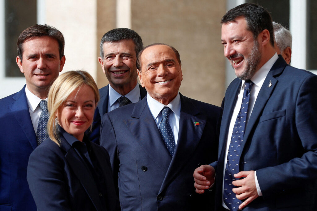 Brothers of Italy leader Giorgia Meloni, Forza Italia leader and former Prime Minister Silvio Berlusconi and League party leader Matteo Salvini react following a meeting with Italian President Sergio Mattarella at the Quirinale Palace in Rome