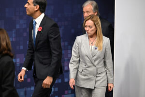 Italy's Prime Minister Giorgia Meloni arrives for a family photo on the second day of the UK Artificial Intelligence (AI) Safety Summit at Bletchley Park, Britain, November 2, 2023.