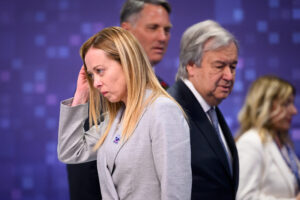 Italy's Prime Minister Giorgia Meloni and UN Secretary-General Antonio Guterres attend the second day of the UK Artificial Intelligence (AI) Safety Summit at Bletchley Park, near Milton Keynes, Britain