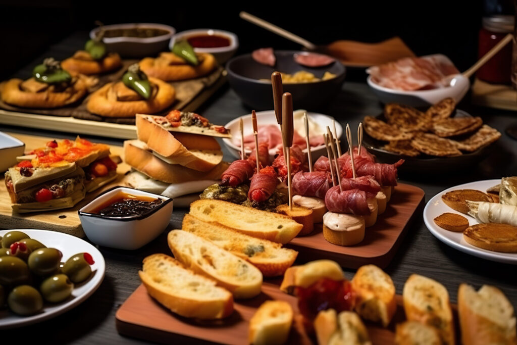 Appetizing spanish tapas with anchovies and shrimp close-up in the restaurant of San Sebastian, Donostia, Spain